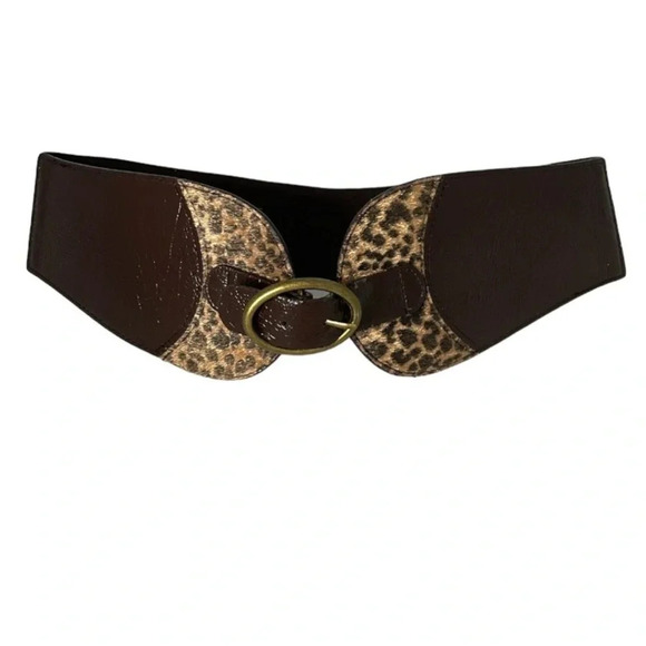 VINTAGE Brown Animal Print Wide Belt Cheetah Faux Fur Brass Buckle Elasticized L - Picture 10 of 10